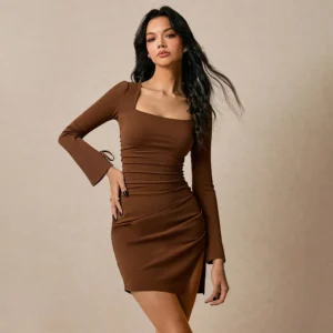 Autumn Winter Brown Square Collar Slimming